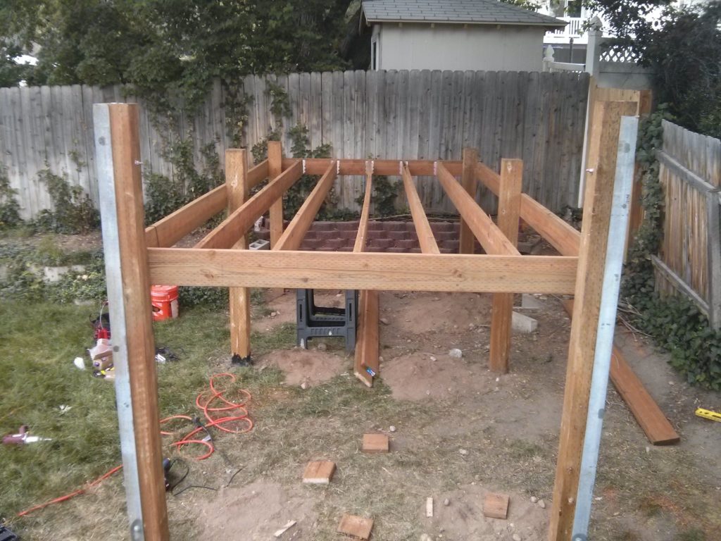 Here the platform frame has been put together. The lag screws have not been put in on the end of the joists yet.