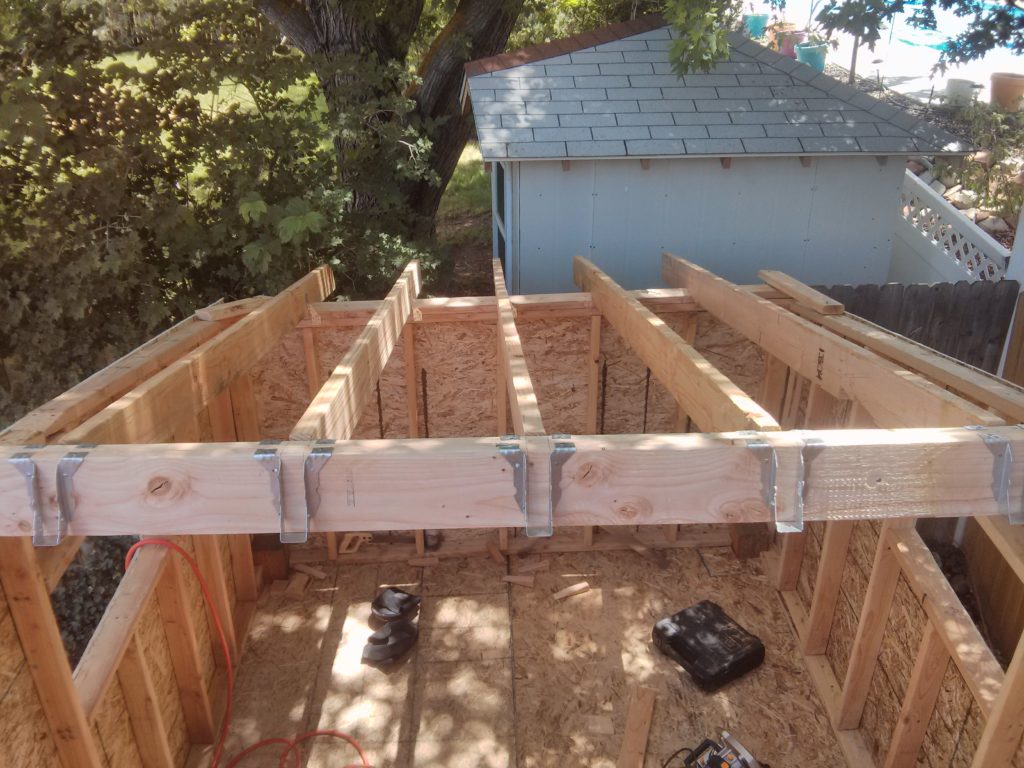 Once I figured out how to make the cuts for the ceiling joists, I got the first half of them installed.