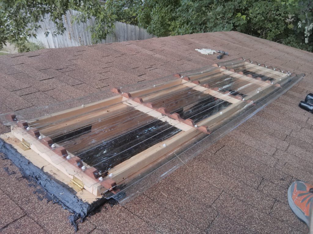 A photo of the finished skylight. More caulk and sealing was done once leaks were discovered.